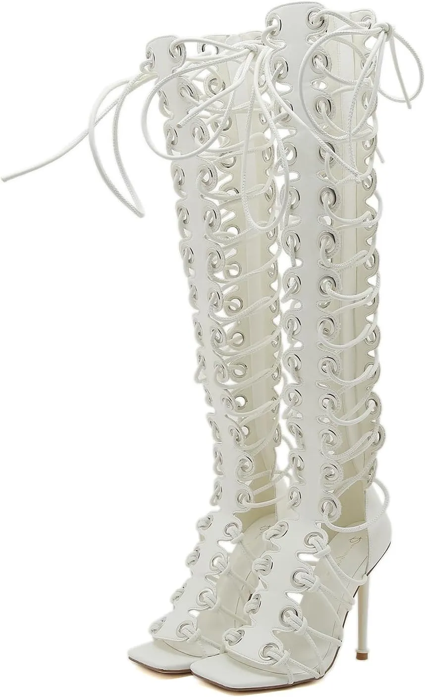 STUPMARY Women Peep Toe Sandals Cut-outs Cross-tied Lace Up High Heeled Gladiator Sandals Zipper Over The Knee Bootie Summer