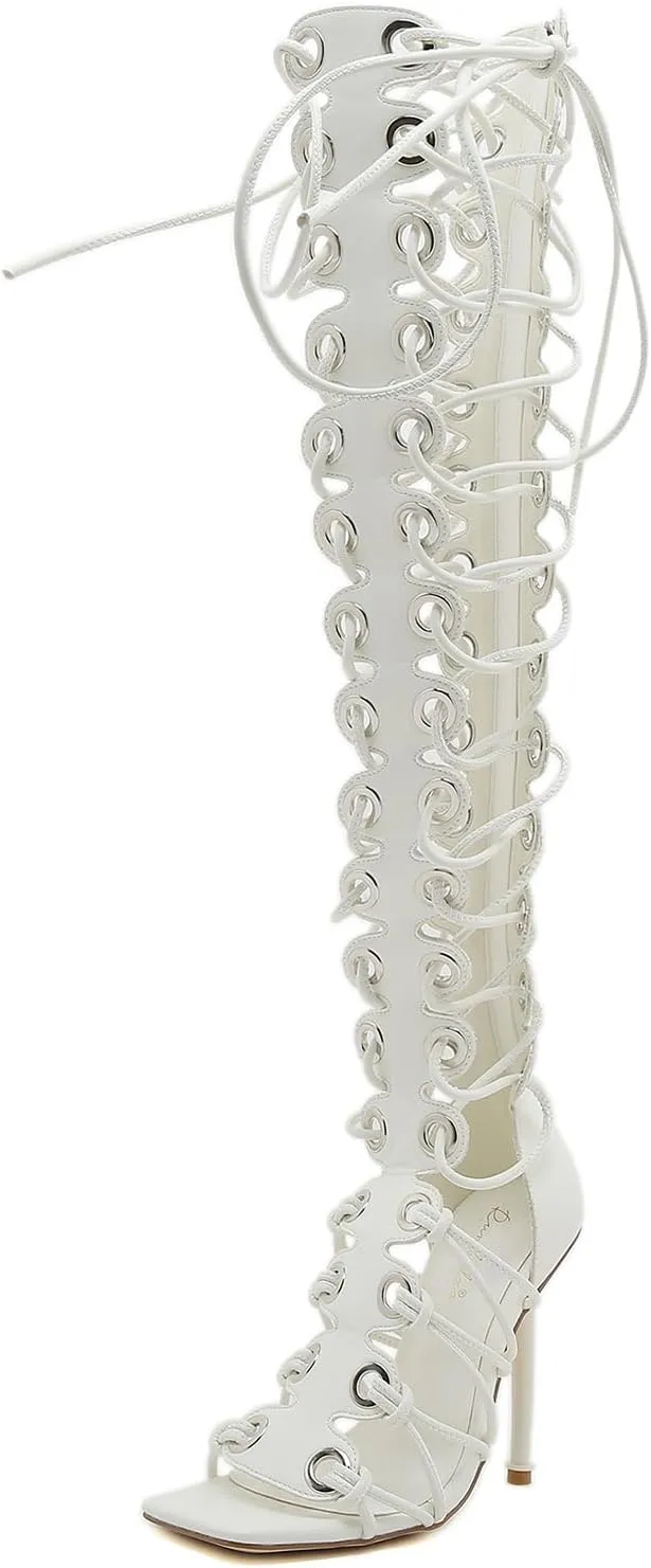 STUPMARY Women Peep Toe Sandals Cut-outs Cross-tied Lace Up High Heeled Gladiator Sandals Zipper Over The Knee Bootie Summer
