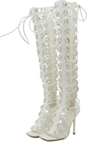 STUPMARY Women Peep Toe Sandals Cut-outs Cross-tied Lace Up High Heeled Gladiator Sandals Zipper Over The Knee Bootie Summer