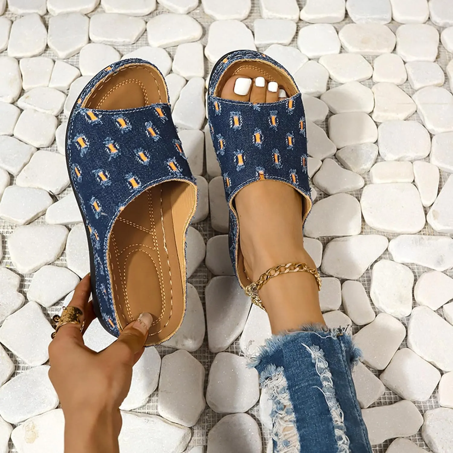 SuanlaTDS 2025 Wedge Orthopedic Sandals for Women Dressy Summer Wide Width Open Toe Platform Slip-on Slides Slippers Flat Beach Boho Casual Low Wedges Walking Sandal with Arch Support
