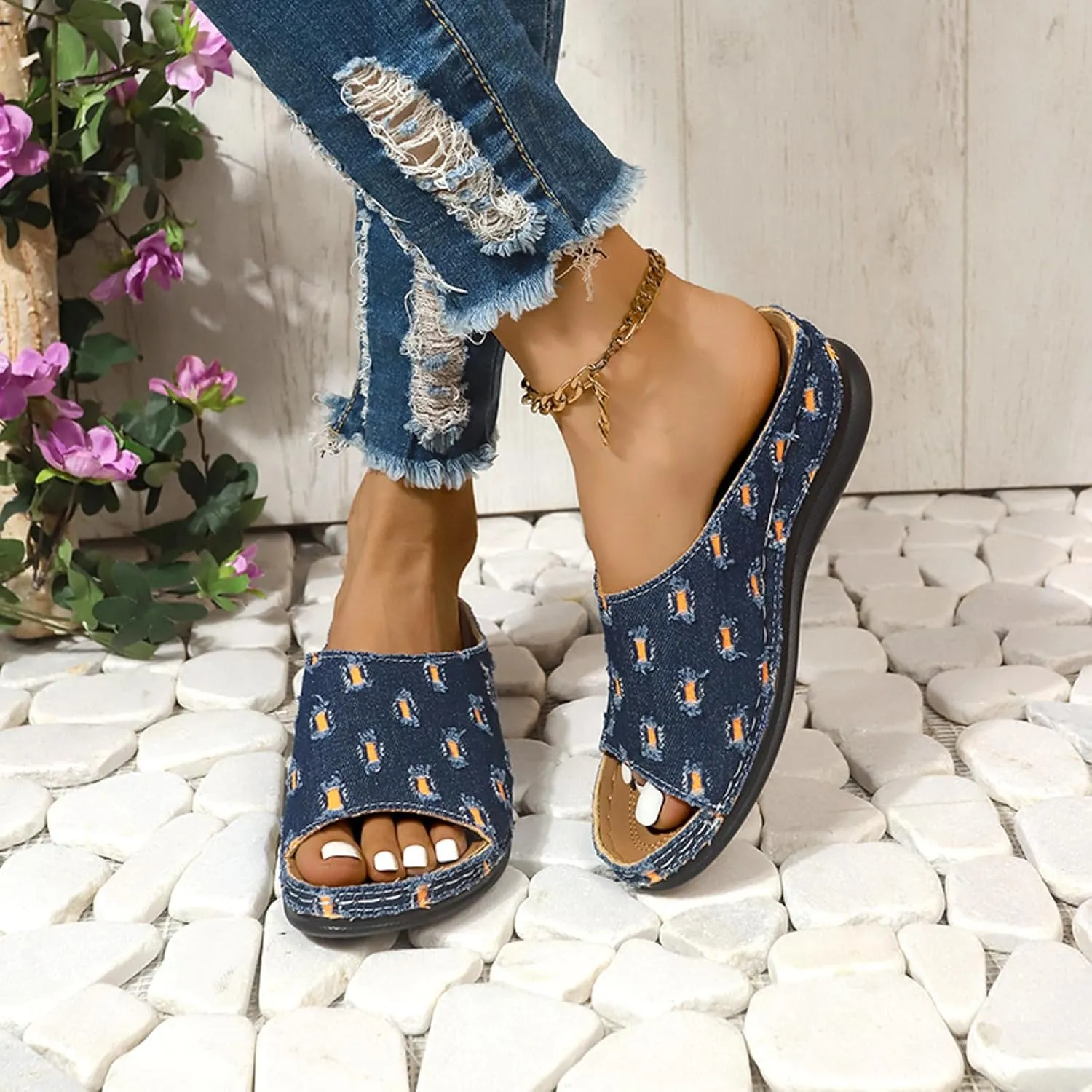 SuanlaTDS 2025 Wedge Orthopedic Sandals for Women Dressy Summer Wide Width Open Toe Platform Slip-on Slides Slippers Flat Beach Boho Casual Low Wedges Walking Sandal with Arch Support