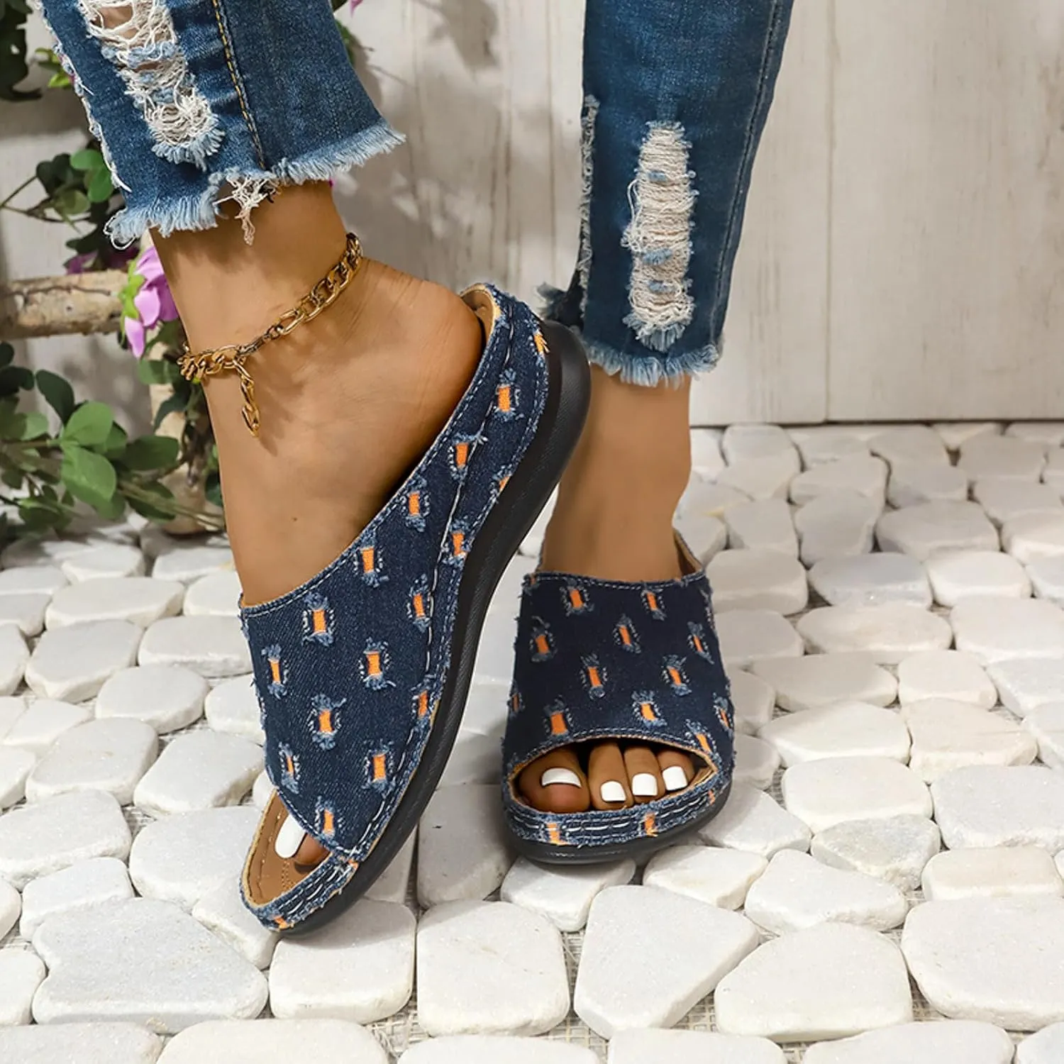 SuanlaTDS 2025 Wedge Orthopedic Sandals for Women Dressy Summer Wide Width Open Toe Platform Slip-on Slides Slippers Flat Beach Boho Casual Low Wedges Walking Sandal with Arch Support