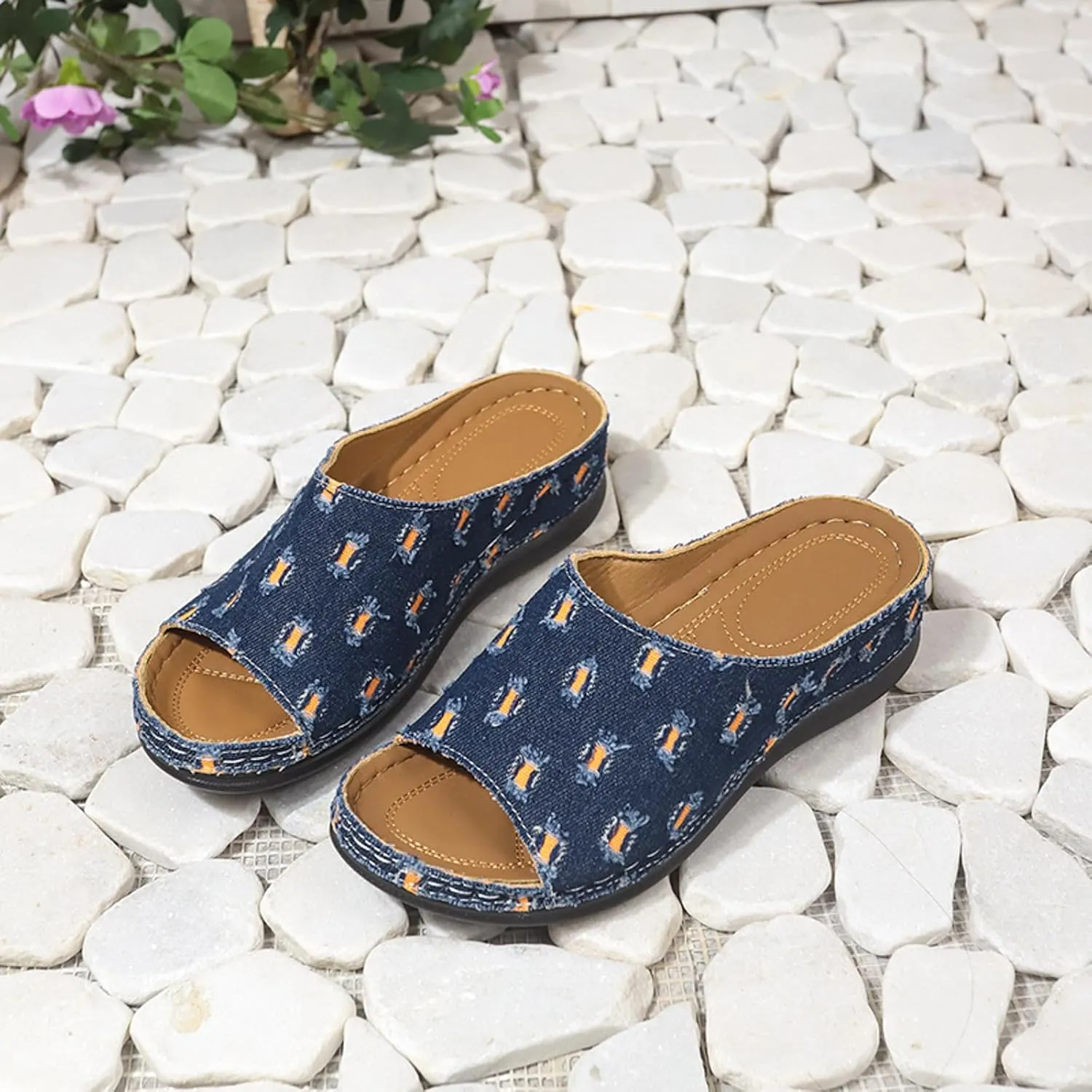 SuanlaTDS 2025 Wedge Orthopedic Sandals for Women Dressy Summer Wide Width Open Toe Platform Slip-on Slides Slippers Flat Beach Boho Casual Low Wedges Walking Sandal with Arch Support