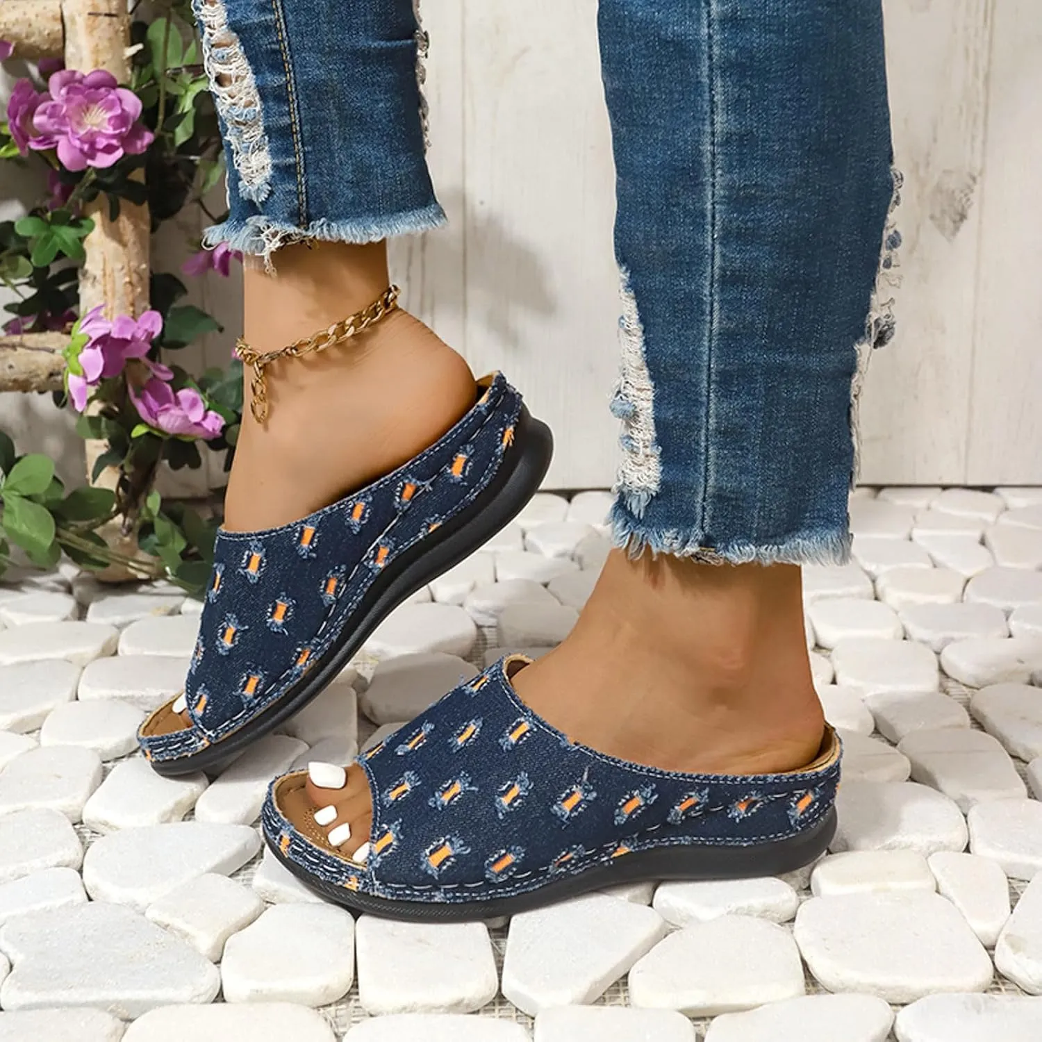 SuanlaTDS 2025 Wedge Orthopedic Sandals for Women Dressy Summer Wide Width Open Toe Platform Slip-on Slides Slippers Flat Beach Boho Casual Low Wedges Walking Sandal with Arch Support