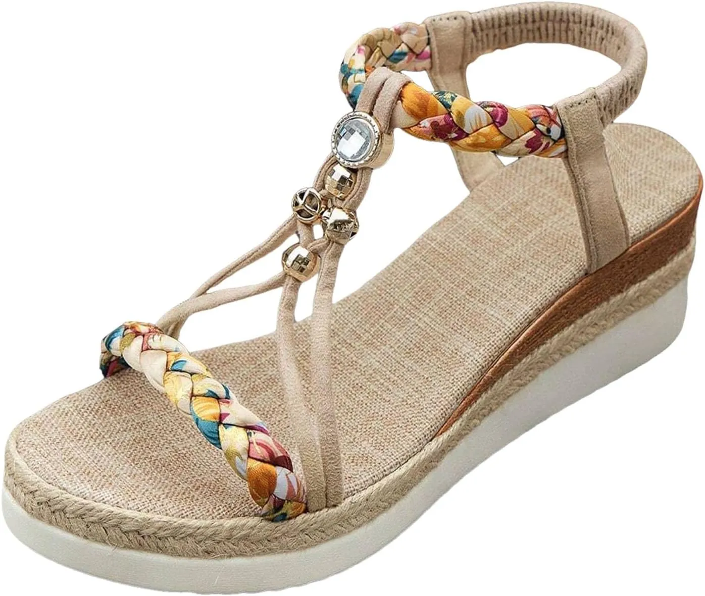 SuanlaTDS Espadrille Wedge Sandals for Women 2025 Dressy Summer Elastic Ankle Strap Slip On Slides Open Toe Slip-On High Heels Sandal Casual Walking T-Strap Boho Comfortable Beach Shoes