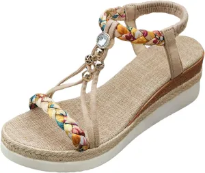 SuanlaTDS Espadrille Wedge Sandals for Women 2025 Dressy Summer Elastic Ankle Strap Slip On Slides Open Toe Slip-On High Heels Sandal Casual Walking T-Strap Boho Comfortable Beach Shoes