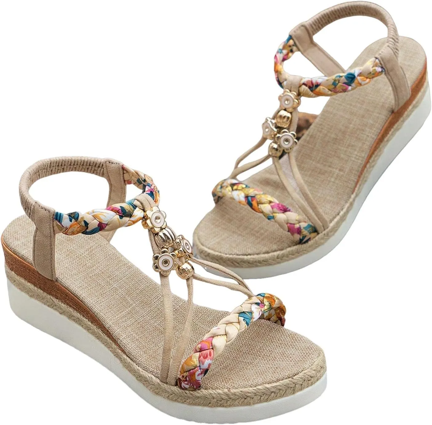 SuanlaTDS Espadrille Wedge Sandals for Women 2025 Dressy Summer Elastic Ankle Strap Slip On Slides Open Toe Slip-On High Heels Sandal Casual Walking T-Strap Boho Comfortable Beach Shoes