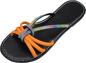 SuanlaTDS Flat Summer Sandals for Women 2025, Rhinestones Strap Dressy Beach Comfortable Low Heel Glitter Slides Slippers Slip-on Boho Wedding Shoes Open Toe Walking Bohemian Outdoor Party Sandal