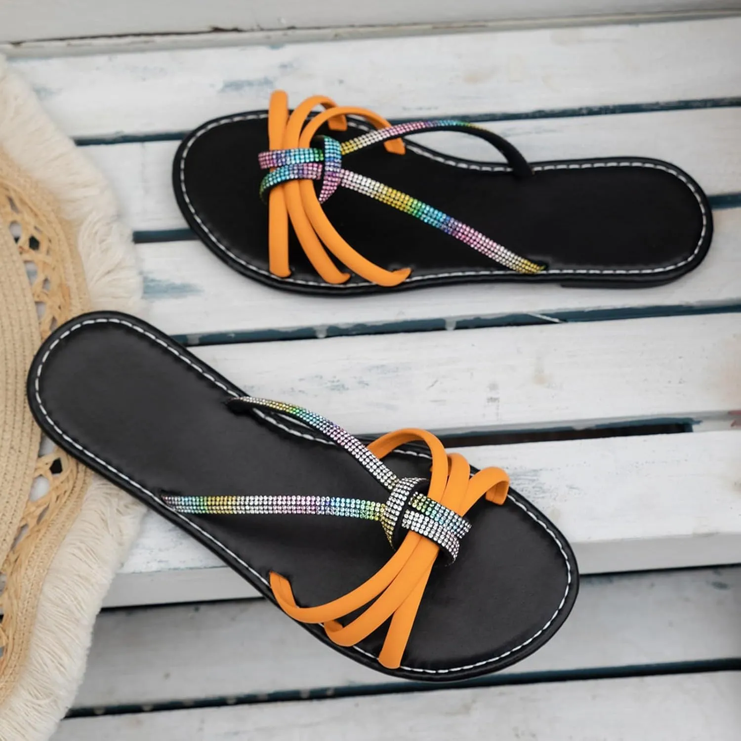 SuanlaTDS Flat Summer Sandals for Women 2025, Rhinestones Strap Dressy Beach Comfortable Low Heel Glitter Slides Slippers Slip-on Boho Wedding Shoes Open Toe Walking Bohemian Outdoor Party Sandal