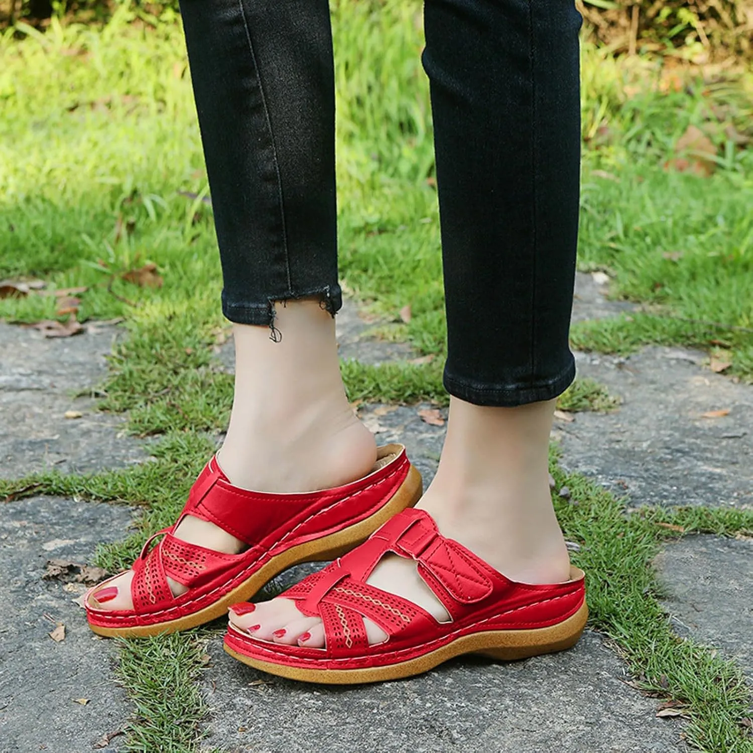 SuanlaTDS Orthopedic Sandals for Women 2025 Wedge Crisscross Adjustable Open Toe Hollow Out Dressy Summer Comfortable Arch Support Boho Slip-on Beach Outdoor Walking Shoes Low Heel Slippers