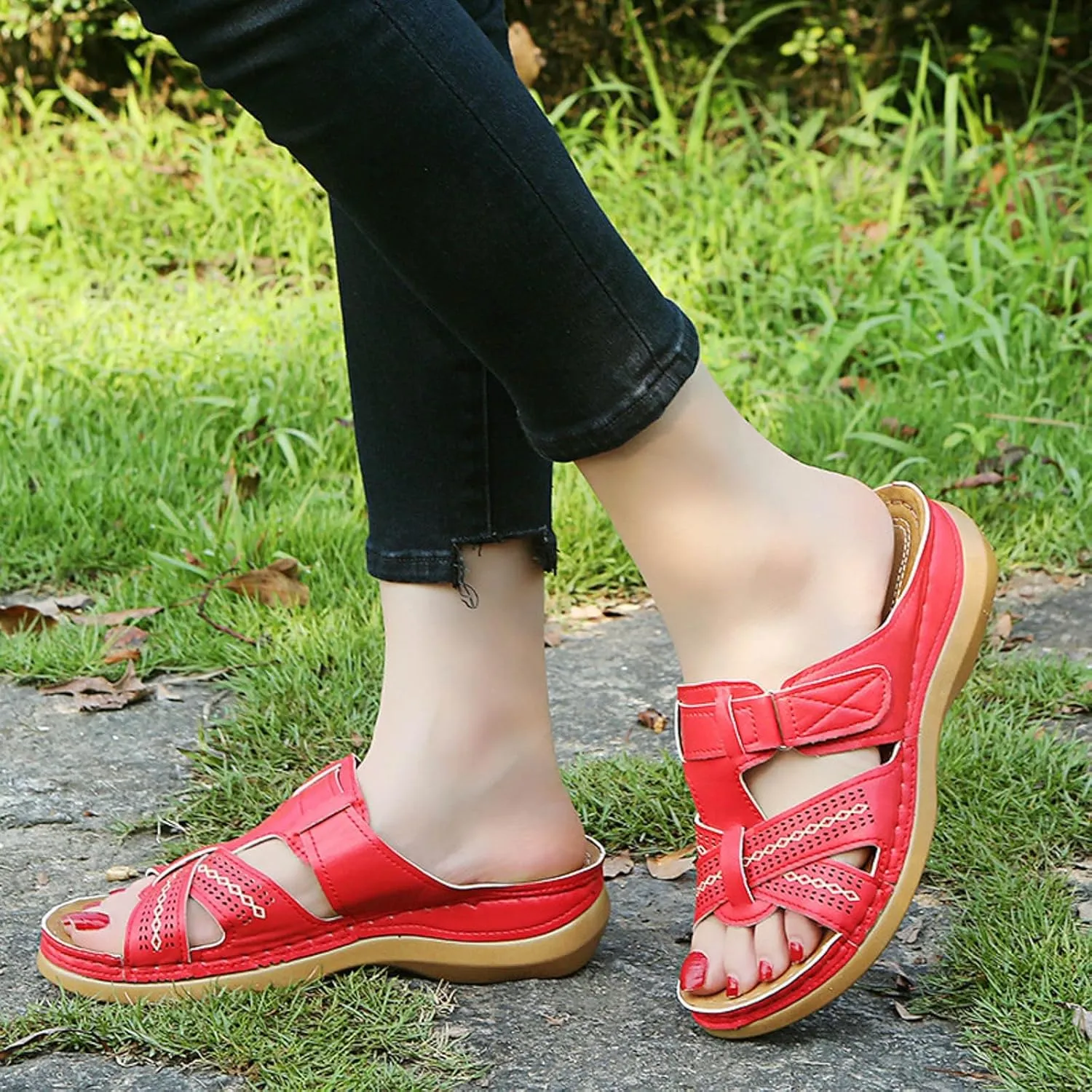 SuanlaTDS Orthopedic Sandals for Women 2025 Wedge Crisscross Adjustable Open Toe Hollow Out Dressy Summer Comfortable Arch Support Boho Slip-on Beach Outdoor Walking Shoes Low Heel Slippers