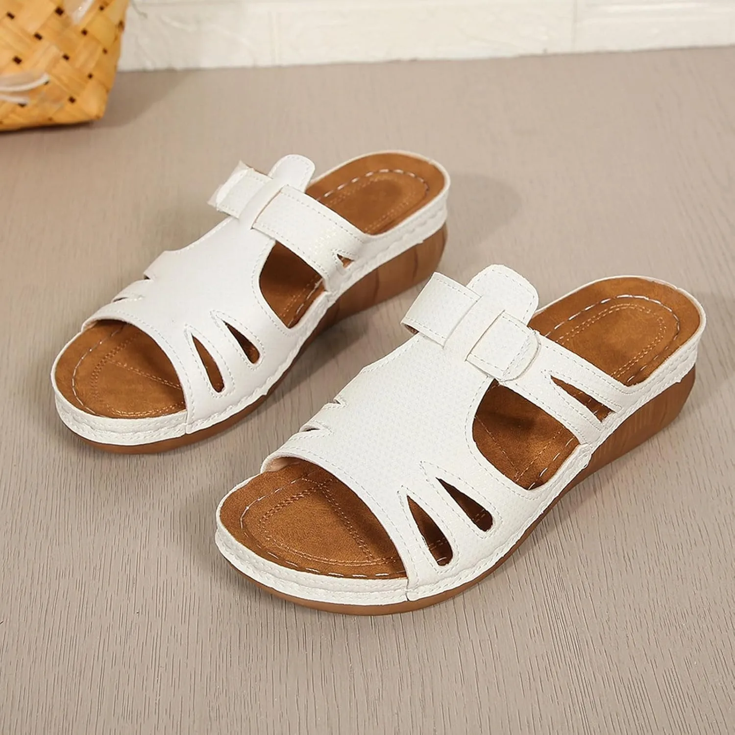 SuanlaTDS Orthopedic Sandals for Women Comfortable Low Heels Open Toe Platform Wedge Walking Shoes Summer Outdoor Dressy Casual Boho Beach Thick Cushion Flat Slip On Slide Sandals