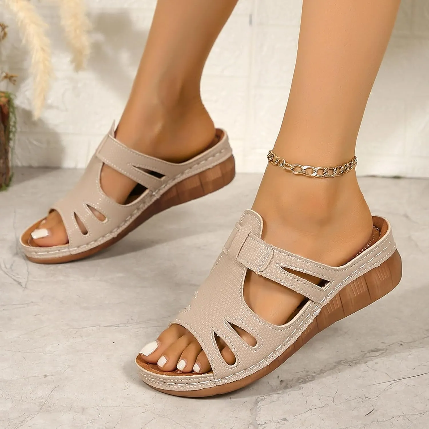 SuanlaTDS Orthopedic Sandals for Women Comfortable Low Heels Open Toe Platform Wedge Walking Shoes Summer Outdoor Dressy Casual Boho Beach Thick Cushion Flat Slip On Slide Sandals