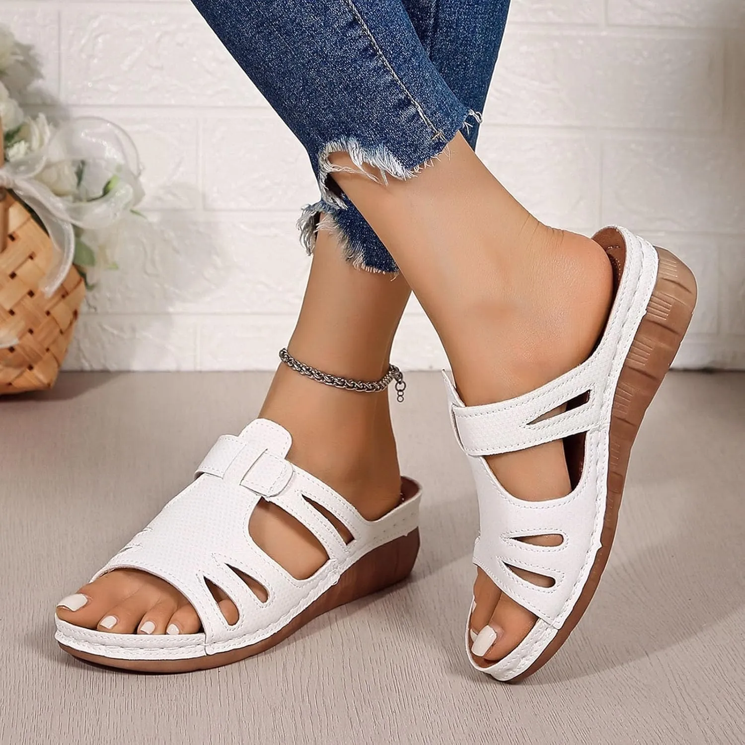 SuanlaTDS Orthopedic Sandals for Women Comfortable Low Heels Open Toe Platform Wedge Walking Shoes Summer Outdoor Dressy Casual Boho Beach Thick Cushion Flat Slip On Slide Sandals