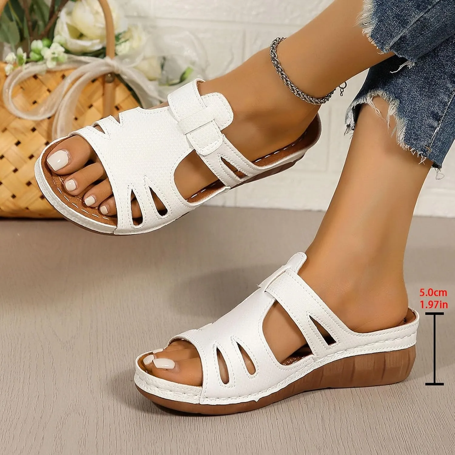 SuanlaTDS Orthopedic Sandals for Women Comfortable Low Heels Open Toe Platform Wedge Walking Shoes Summer Outdoor Dressy Casual Boho Beach Thick Cushion Flat Slip On Slide Sandals