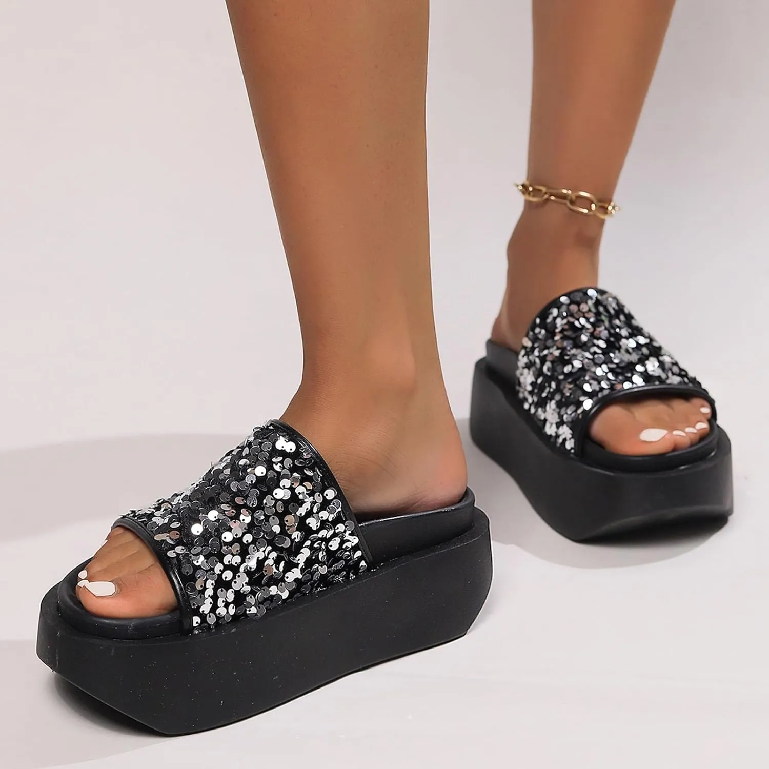 SuanlaTDS Platform Sandals for Women Dressy Summer 2025 Sequins Open Toe Wedge Slip On Slide Comfortable Outdoor Walking Beach Boho Wedges High Heels Slide Sandal for Party Wedding