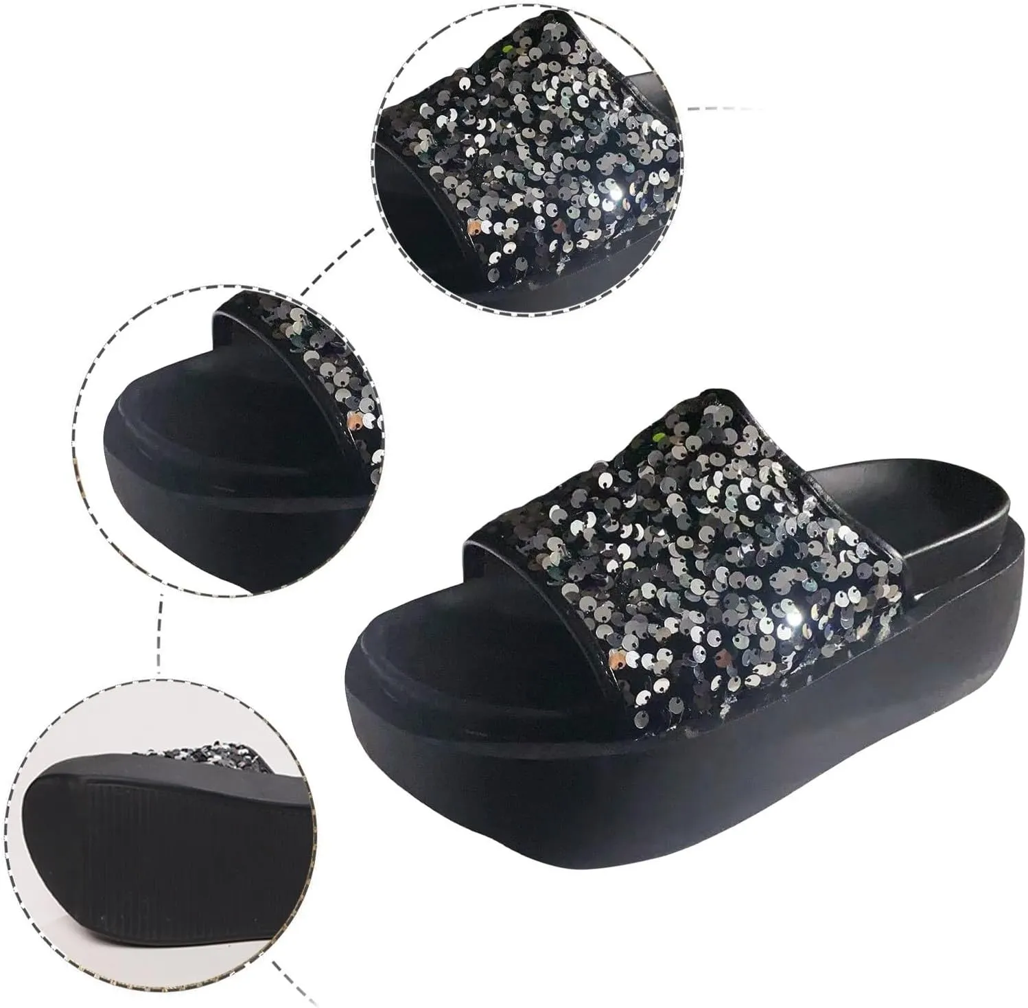 SuanlaTDS Platform Sandals for Women Dressy Summer 2025 Sequins Open Toe Wedge Slip On Slide Comfortable Outdoor Walking Beach Boho Wedges High Heels Slide Sandal for Party Wedding