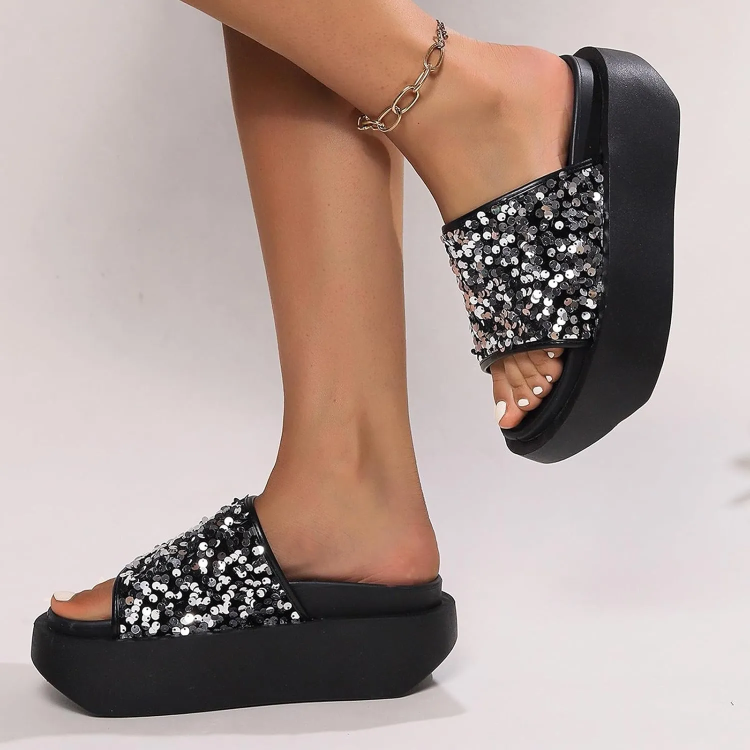 SuanlaTDS Platform Sandals for Women Dressy Summer 2025 Sequins Open Toe Wedge Slip On Slide Comfortable Outdoor Walking Beach Boho Wedges High Heels Slide Sandal for Party Wedding