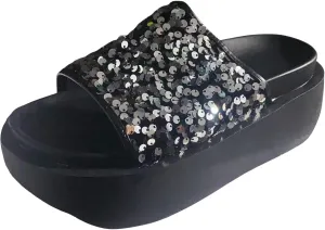 SuanlaTDS Platform Sandals for Women Dressy Summer 2025 Sequins Open Toe Wedge Slip On Slide Comfortable Outdoor Walking Beach Boho Wedges High Heels Slide Sandal for Party Wedding