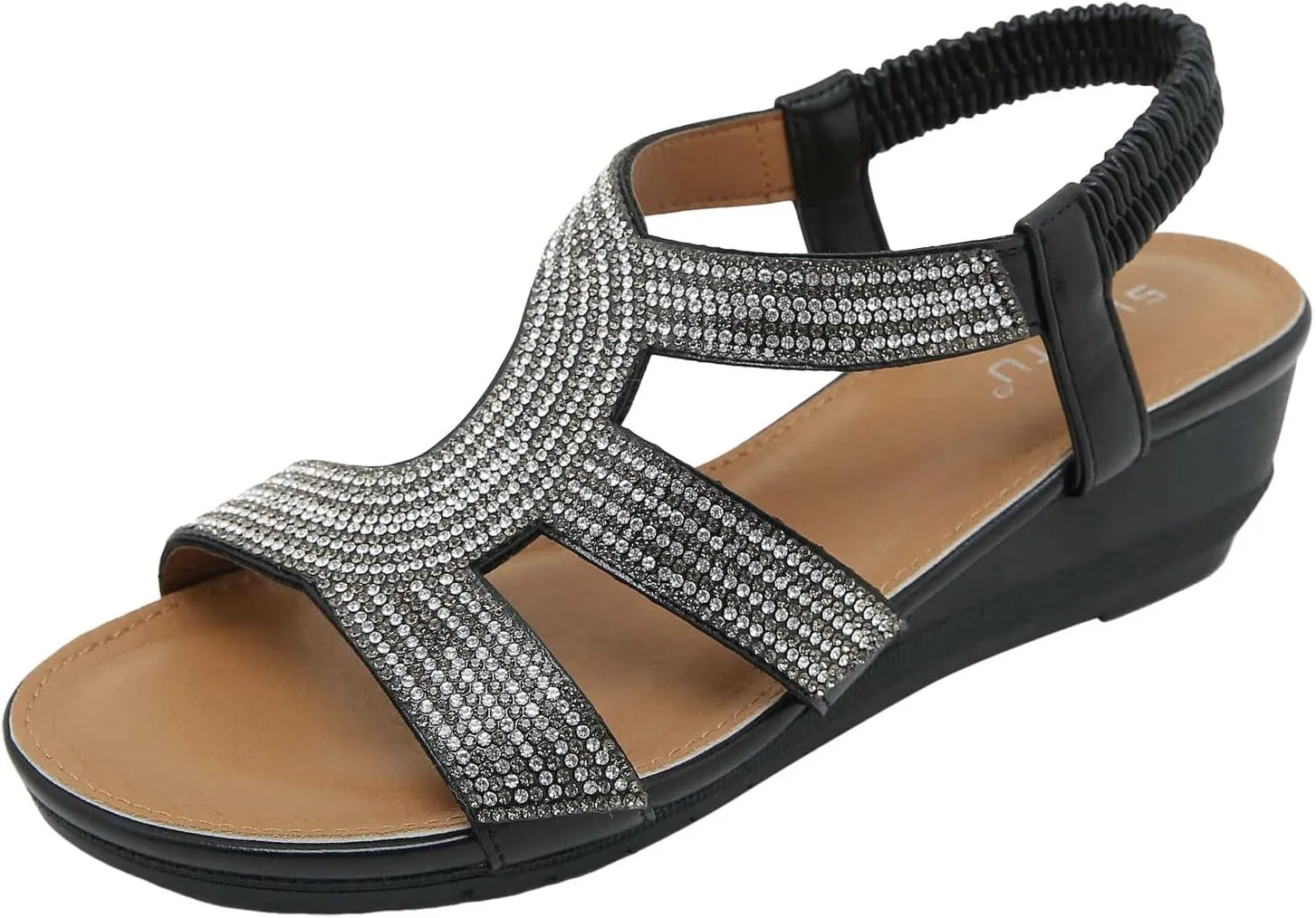 SuanlaTDS Platform Wedge Sandals for Women Summer Dressy 2025 Rhinestones Elastic Ankle Strap Slip On Slide Sandal Boho Comfortable Open Toe Wedges Low Heels Walking Outdoor Beach Shoes