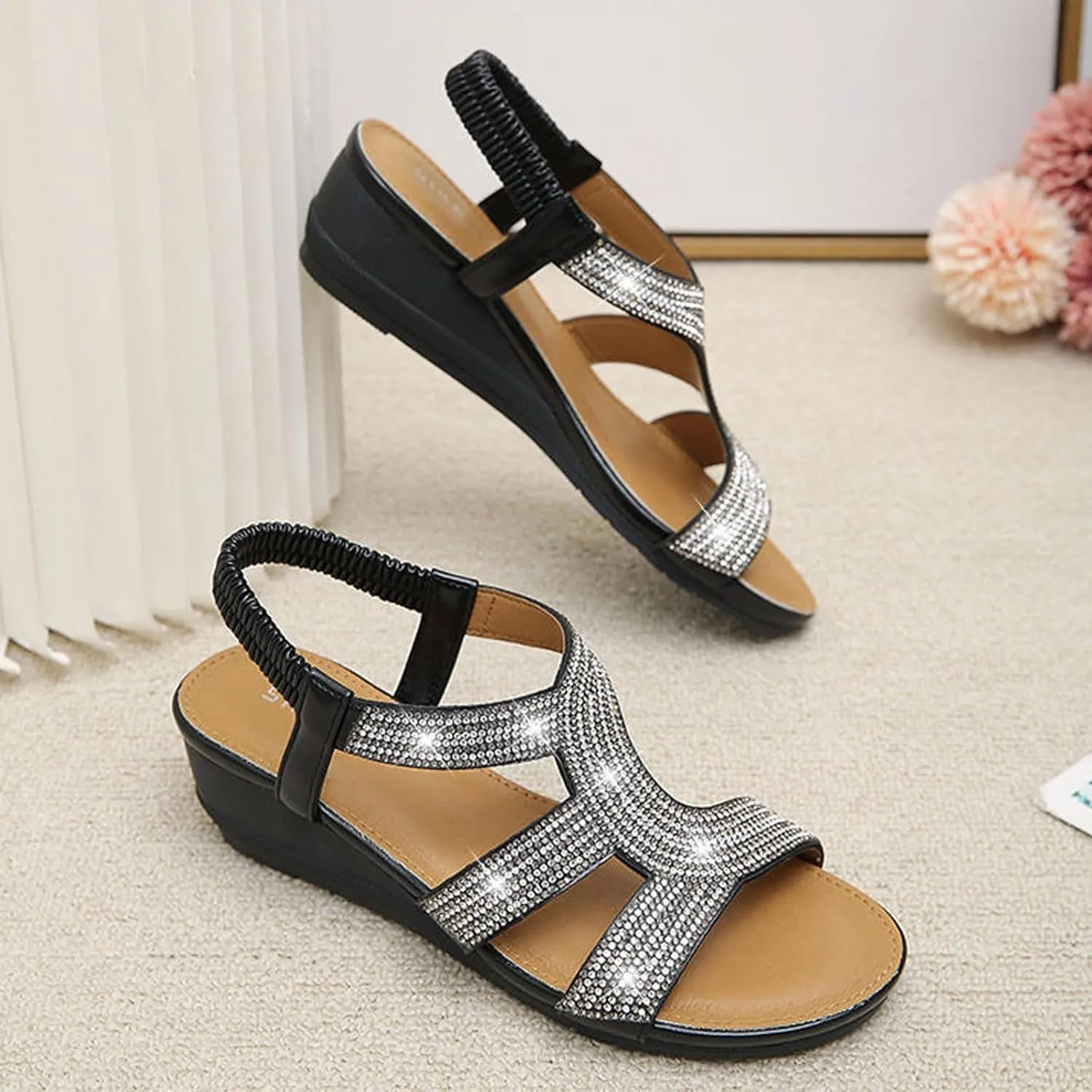 SuanlaTDS Platform Wedge Sandals for Women Summer Dressy 2025 Rhinestones Elastic Ankle Strap Slip On Slide Sandal Boho Comfortable Open Toe Wedges Low Heels Walking Outdoor Beach Shoes