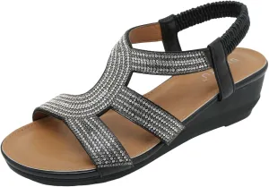 SuanlaTDS Platform Wedge Sandals for Women Summer Dressy 2025 Rhinestones Elastic Ankle Strap Slip On Slide Sandal Boho Comfortable Open Toe Wedges Low Heels Walking Outdoor Beach Shoes