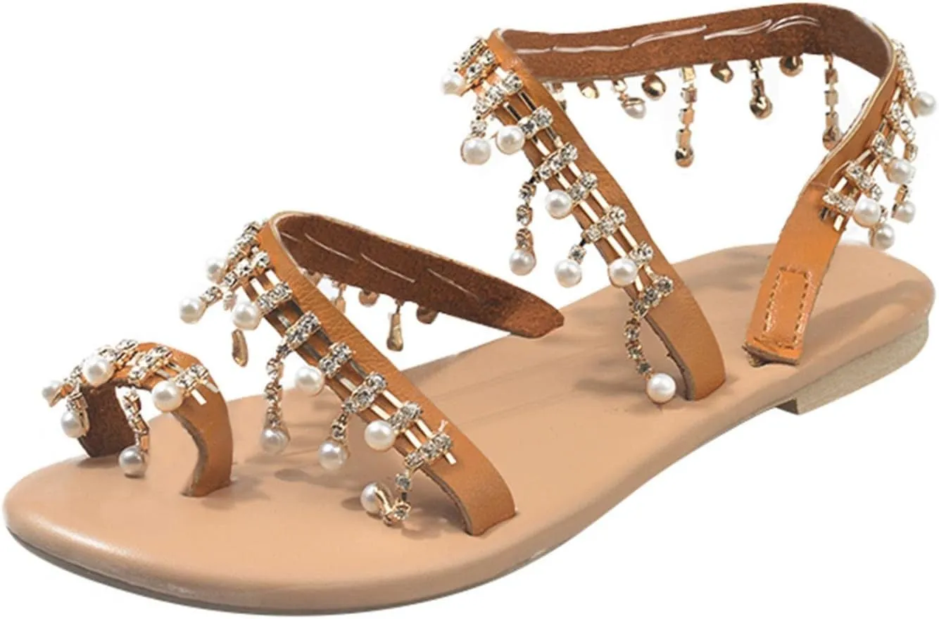 SuanlaTDS Sandals for Women Flat Rhinestone Pearl Roman Sandal Womens Bohemian Clip Toe Ring Casual Beach Summer Sandal Slip on Comfortable Wedding Vacation Dress Sandal Shoes