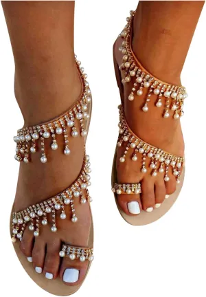 SuanlaTDS Sandals for Women Flat Rhinestone Pearl Roman Sandal Womens Bohemian Clip Toe Ring Casual Beach Summer Sandal Slip on Comfortable Wedding Vacation Dress Sandal Shoes