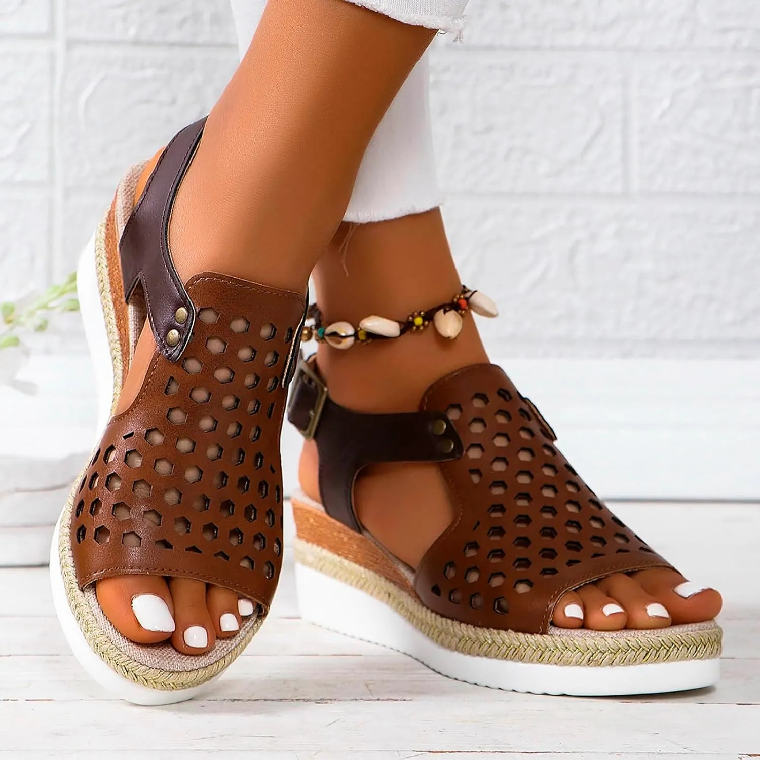 SuanlaTDS Sandals Women Wedge Platform Espadrilles Hollow Out Open Toe Slip On Bohemian Beach Sandals Comfortable Outdoor Walking Casual Summer Ankle Strap High Heels Party Dress Shoes