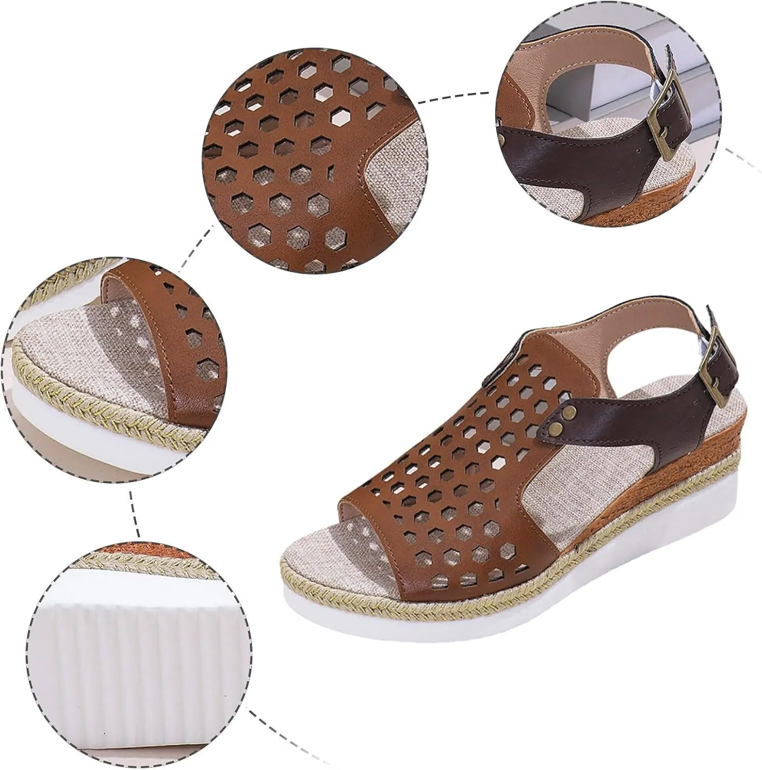 SuanlaTDS Sandals Women Wedge Platform Espadrilles Hollow Out Open Toe Slip On Bohemian Beach Sandals Comfortable Outdoor Walking Casual Summer Ankle Strap High Heels Party Dress Shoes