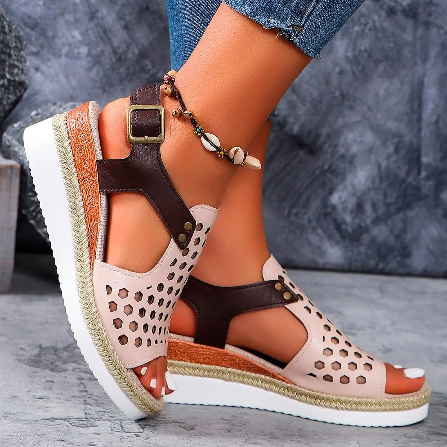 SuanlaTDS Sandals Women Wedge Platform Espadrilles Hollow Out Open Toe Slip On Bohemian Beach Sandals Comfortable Outdoor Walking Casual Summer Ankle Strap High Heels Party Dress Shoes