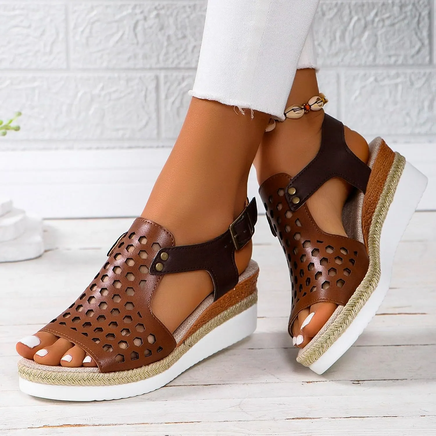 SuanlaTDS Sandals Women Wedge Platform Espadrilles Hollow Out Open Toe Slip On Bohemian Beach Sandals Comfortable Outdoor Walking Casual Summer Ankle Strap High Heels Party Dress Shoes