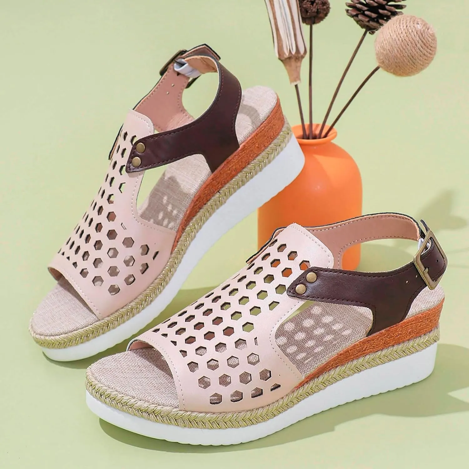 SuanlaTDS Sandals Women Wedge Platform Espadrilles Hollow Out Open Toe Slip On Bohemian Beach Sandals Comfortable Outdoor Walking Casual Summer Ankle Strap High Heels Party Dress Shoes