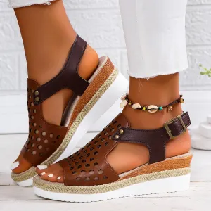 SuanlaTDS Sandals Women Wedge Platform Espadrilles Hollow Out Open Toe Slip On Bohemian Beach Sandals Comfortable Outdoor Walking Casual Summer Ankle Strap High Heels Party Dress Shoes