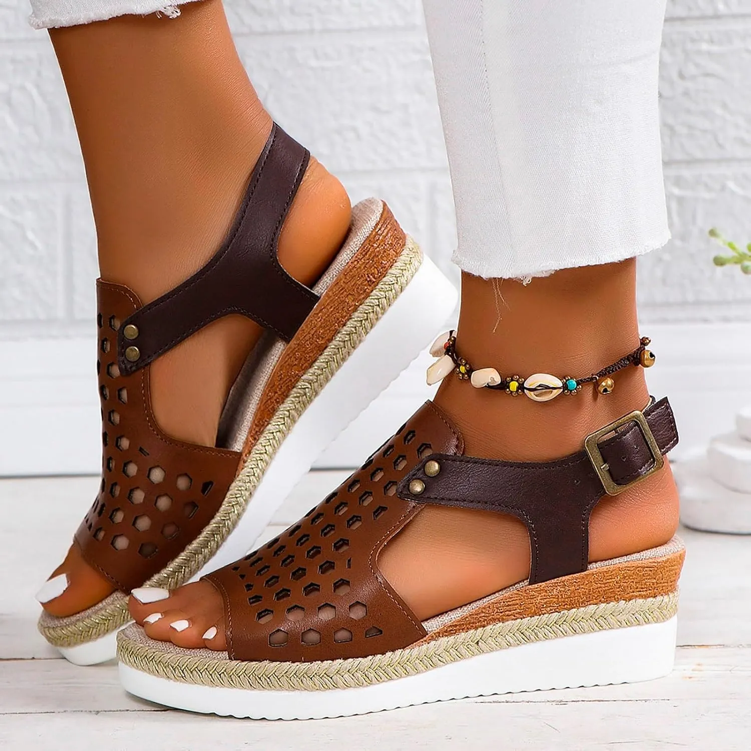 SuanlaTDS Sandals Women Wedge Platform Espadrilles Hollow Out Open Toe Slip On Bohemian Beach Sandals Comfortable Outdoor Walking Casual Summer Ankle Strap High Heels Party Dress Shoes