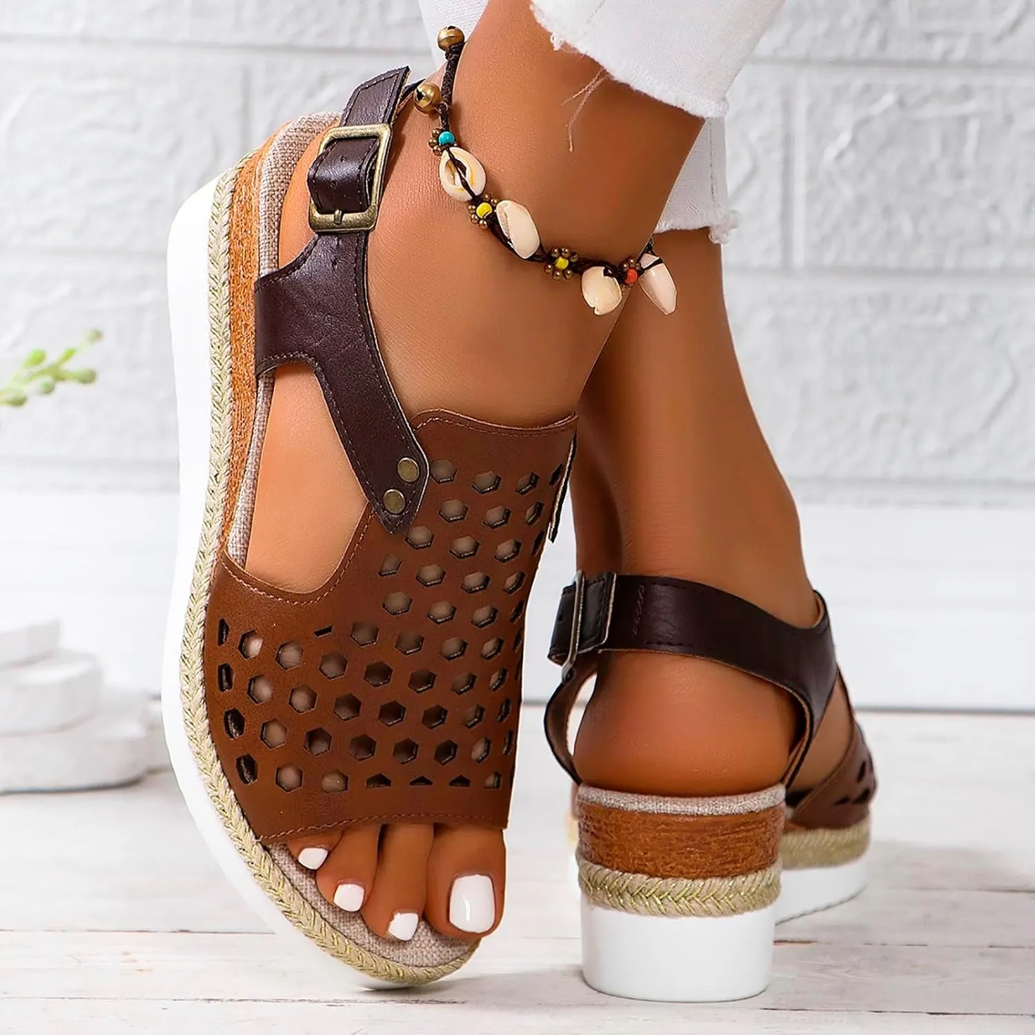 SuanlaTDS Sandals Women Wedge Platform Espadrilles Hollow Out Open Toe Slip On Bohemian Beach Sandals Comfortable Outdoor Walking Casual Summer Ankle Strap High Heels Party Dress Shoes