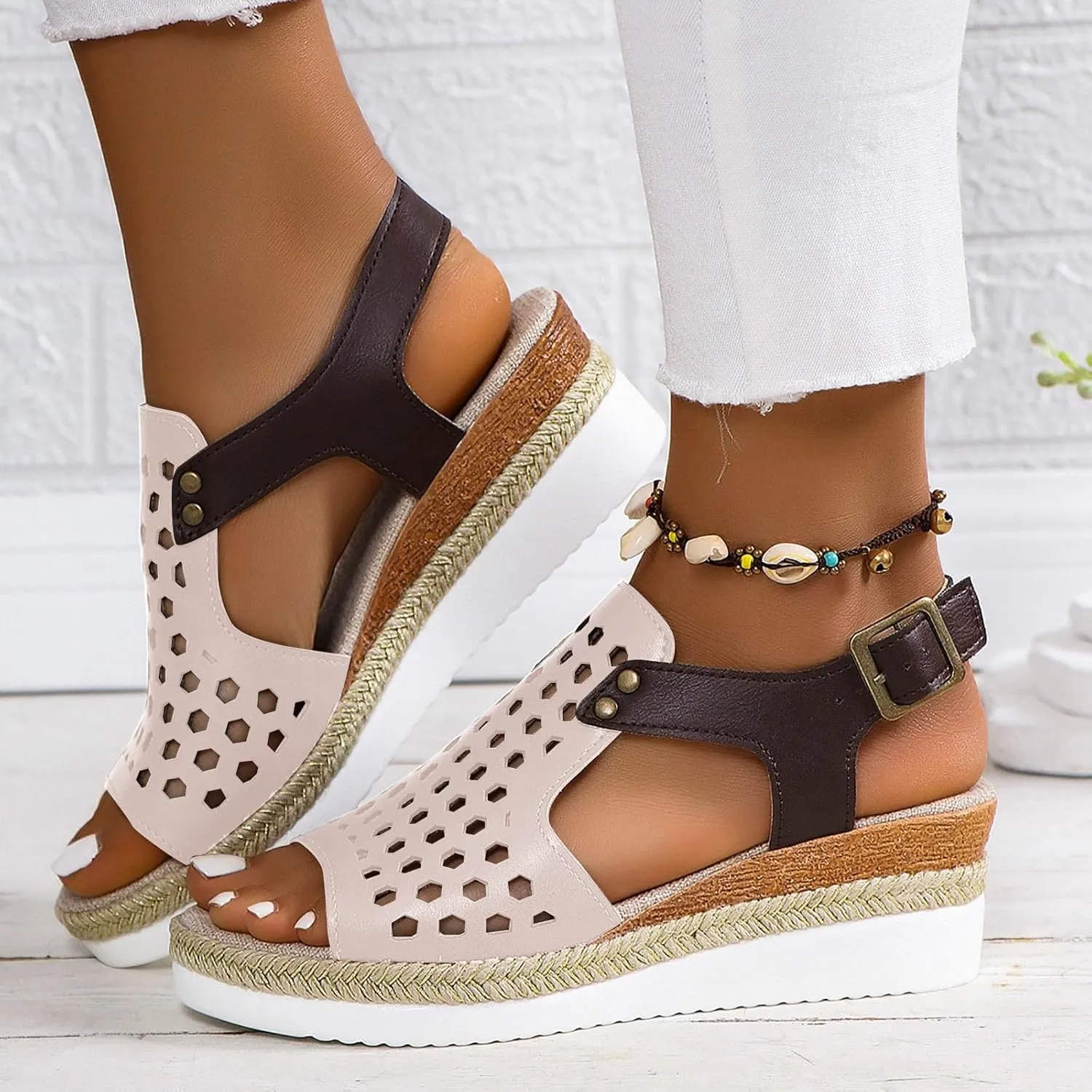 SuanlaTDS Sandals Women Wedge Platform Espadrilles Hollow Out Open Toe Slip On Bohemian Beach Sandals Comfortable Outdoor Walking Casual Summer Ankle Strap High Heels Party Dress Shoes