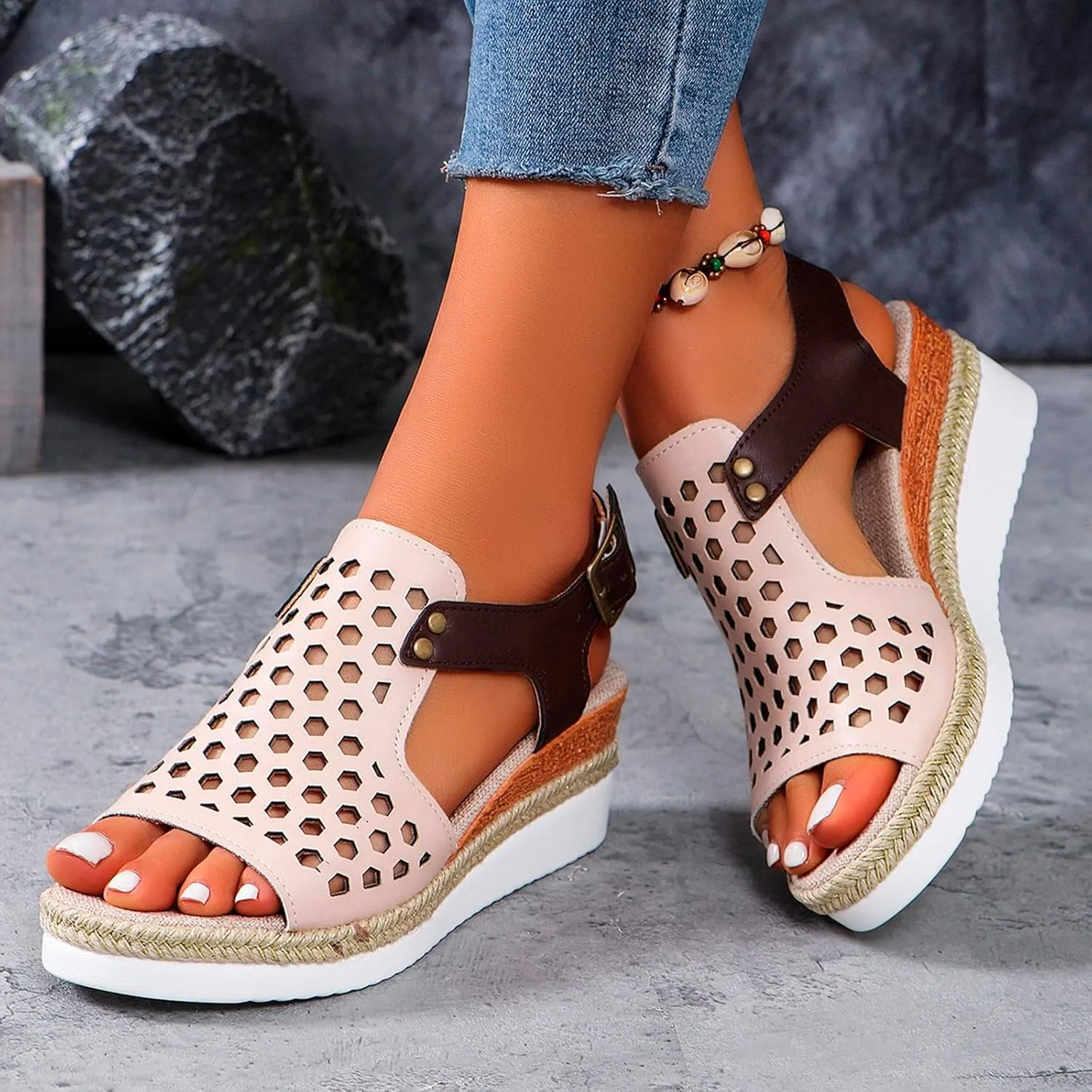 SuanlaTDS Sandals Women Wedge Platform Espadrilles Hollow Out Open Toe Slip On Bohemian Beach Sandals Comfortable Outdoor Walking Casual Summer Ankle Strap High Heels Party Dress Shoes