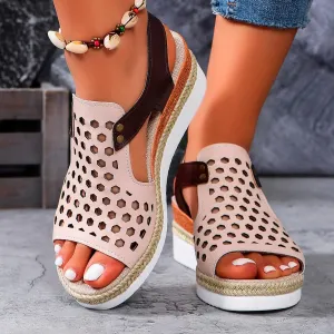 SuanlaTDS Sandals Women Wedge Platform Espadrilles Hollow Out Open Toe Slip On Bohemian Beach Sandals Comfortable Outdoor Walking Casual Summer Ankle Strap High Heels Party Dress Shoes