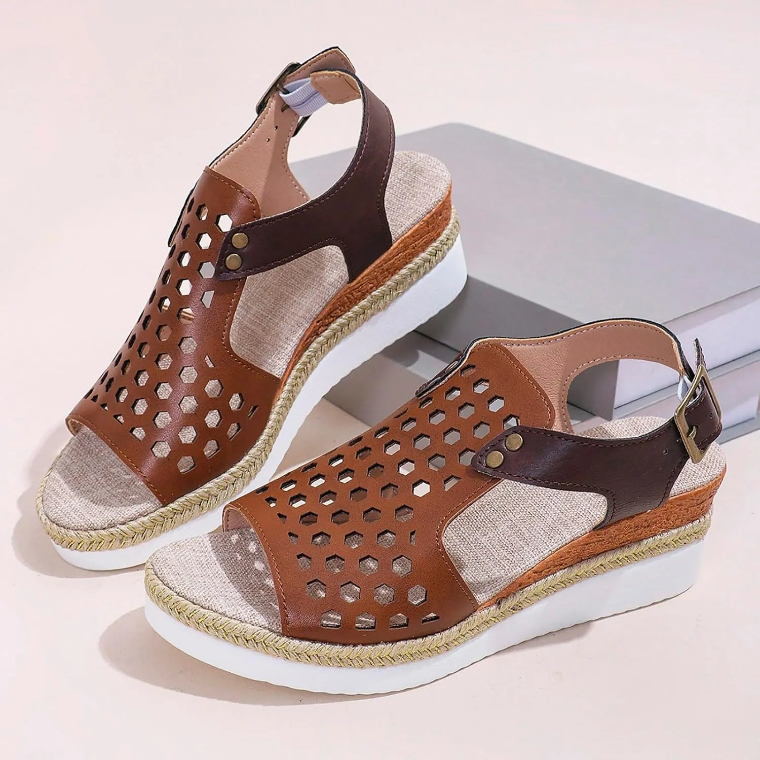 SuanlaTDS Sandals Women Wedge Platform Espadrilles Hollow Out Open Toe Slip On Bohemian Beach Sandals Comfortable Outdoor Walking Casual Summer Ankle Strap High Heels Party Dress Shoes
