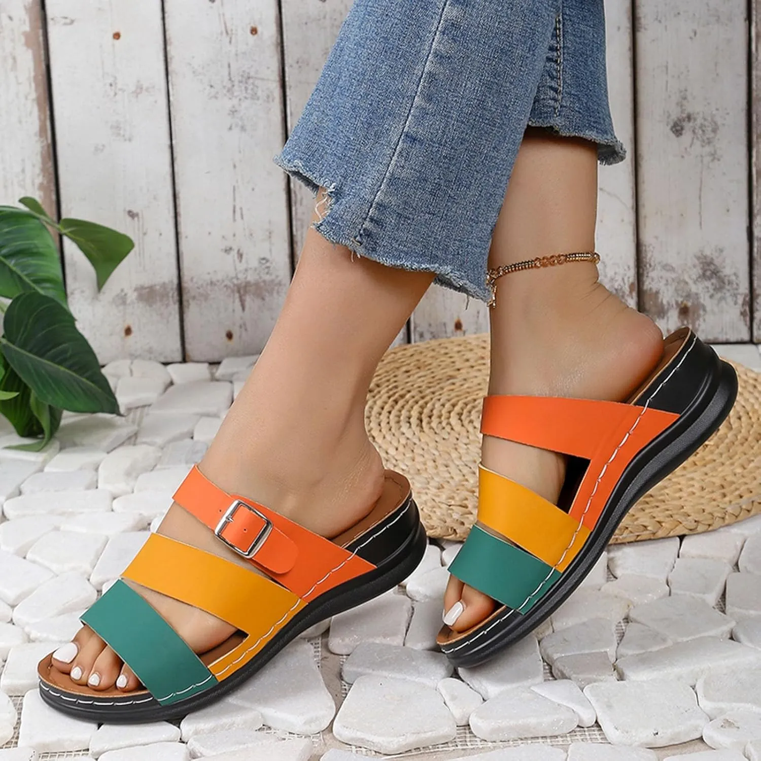 SuanlaTDS Summer Wedge Sandals for Women Orthopedic Dressy Comfortable Arch Support Open Toe Platform Slip On Beach Shoes 2025 Casual Boho Outdoor Walking Wedges Low Heels Slide Sandal