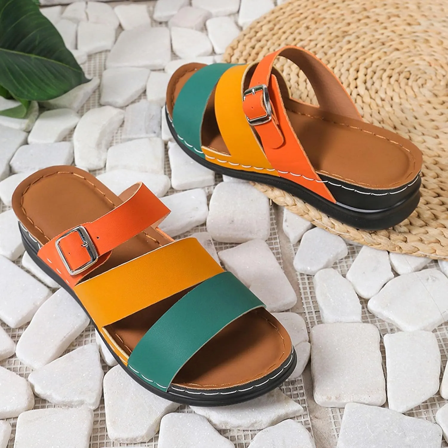 SuanlaTDS Summer Wedge Sandals for Women Orthopedic Dressy Comfortable Arch Support Open Toe Platform Slip On Beach Shoes 2025 Casual Boho Outdoor Walking Wedges Low Heels Slide Sandal