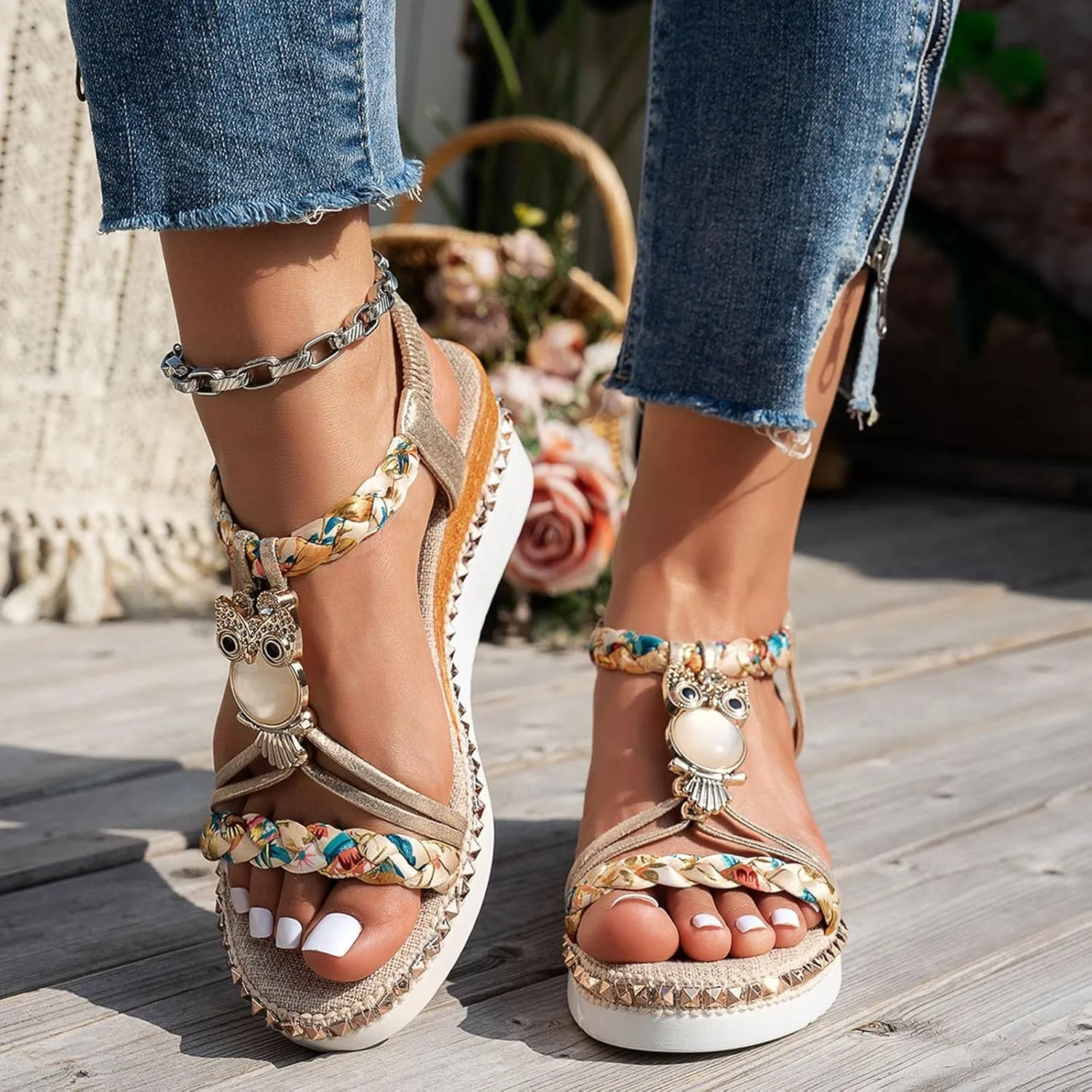 SuanlaTDS Wedge Sandals for Women 2025 Summer Dressy Platform Elastic Ankle Strap Boho Walking Shoes Open Toe Beach Slip On Slides Slingback Comfortable Mid Heels Wedges Sandal