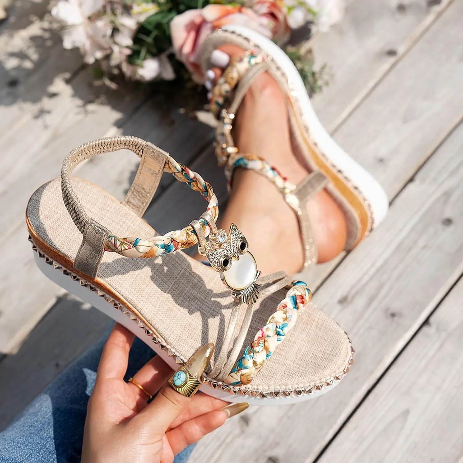 SuanlaTDS Wedge Sandals for Women 2025 Summer Dressy Platform Elastic Ankle Strap Boho Walking Shoes Open Toe Beach Slip On Slides Slingback Comfortable Mid Heels Wedges Sandal