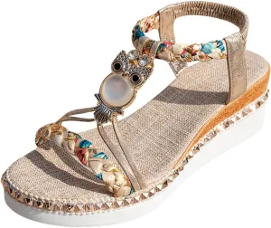 SuanlaTDS Wedge Sandals for Women 2025 Summer Dressy Platform Elastic Ankle Strap Boho Walking Shoes Open Toe Beach Slip On Slides Slingback Comfortable Mid Heels Wedges Sandal