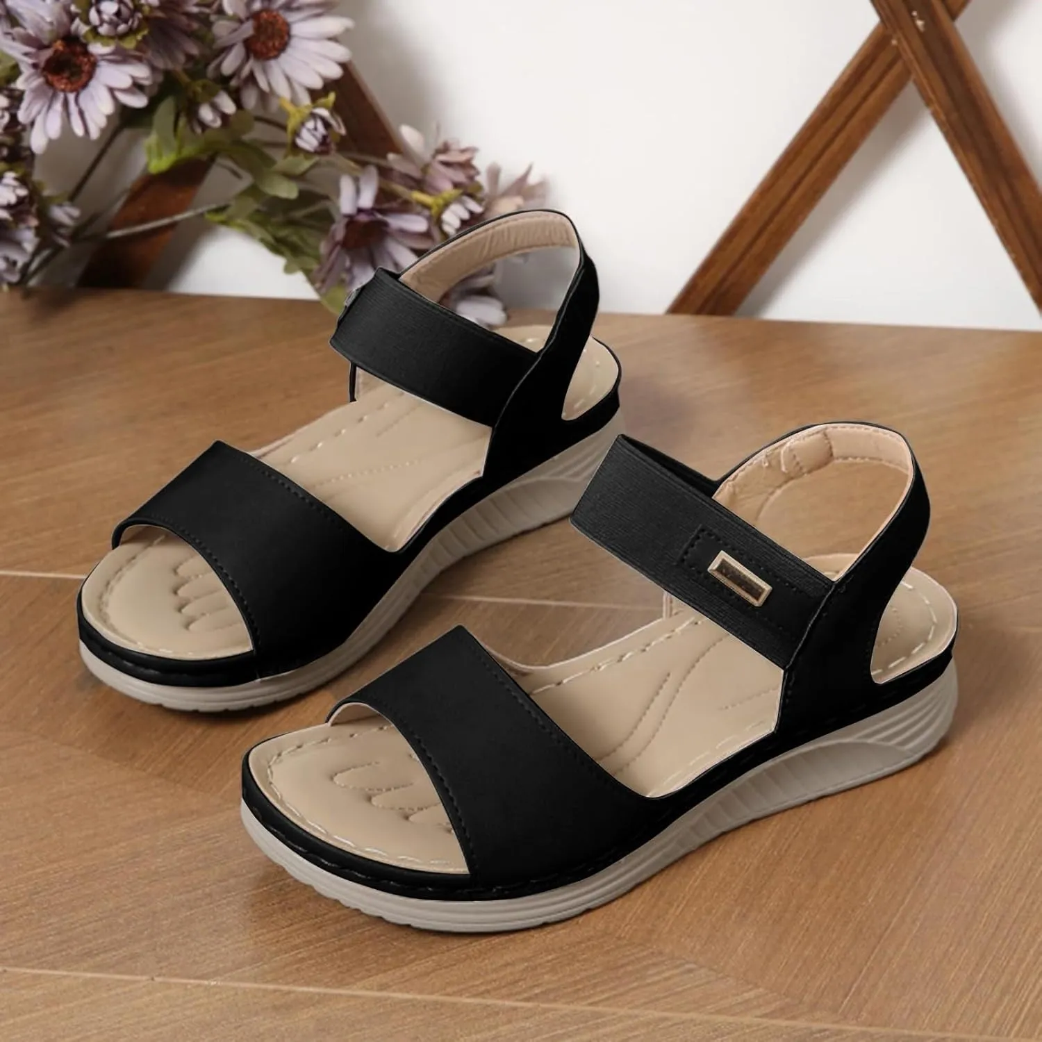 SuanlaTDS Wedge Sandals for Women Dressy Summer Open Toe Platform Wedges Adjustable Ankle Strap Comfortable Walking Shoes with Arch Support Boho Casual Low Heels Outdoor Sandals