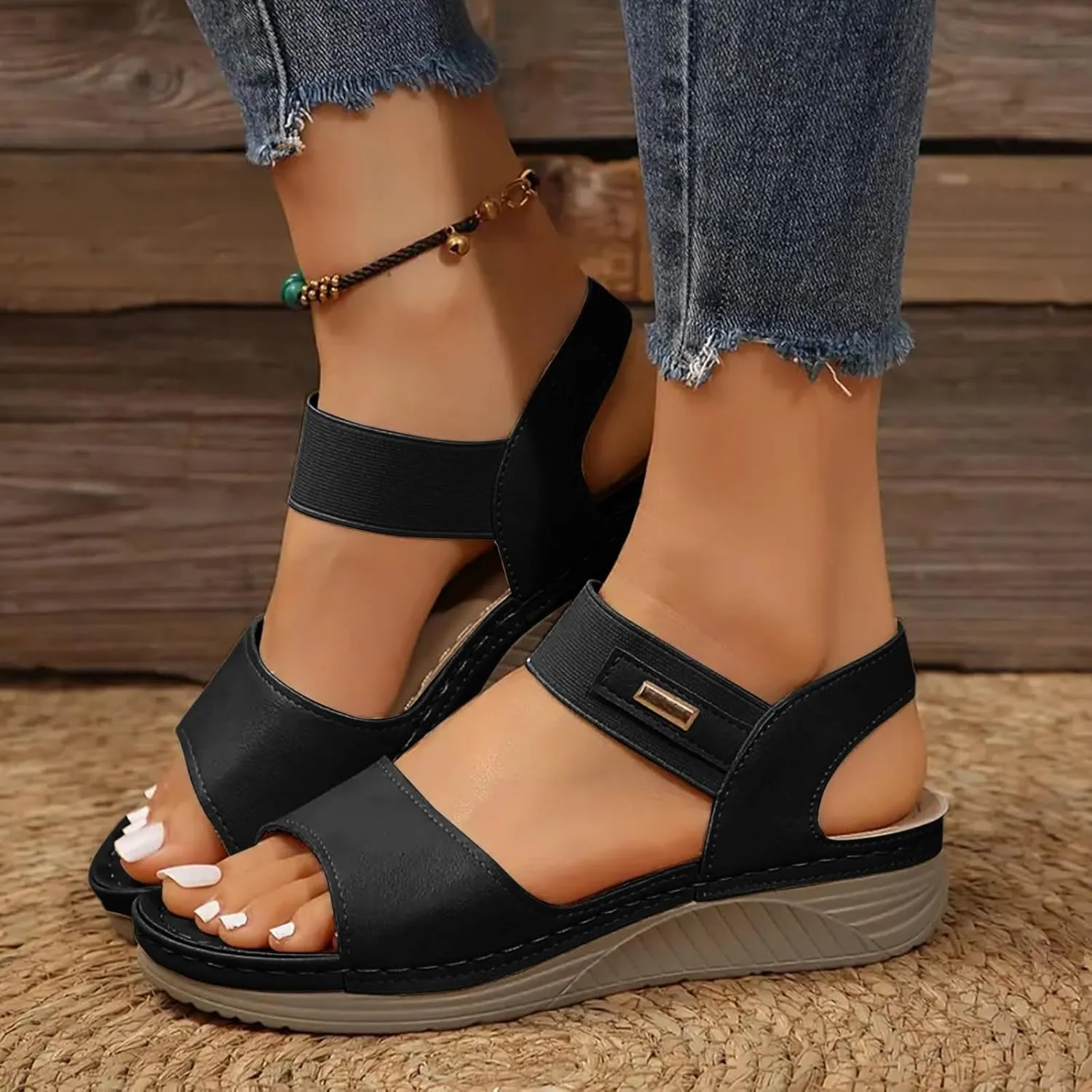 SuanlaTDS Wedge Sandals for Women Dressy Summer Open Toe Platform Wedges Adjustable Ankle Strap Comfortable Walking Shoes with Arch Support Boho Casual Low Heels Outdoor Sandals