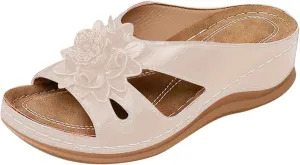 SuanlaTDS Wedge Sandals for Women Platform Orthopedic Comfortable Arch Support Flowers Open Toe Summer Dressy 2025 Low Heels Slides Sandal Walking Shoes Slip-on Boho Outdoor Slide Slippers