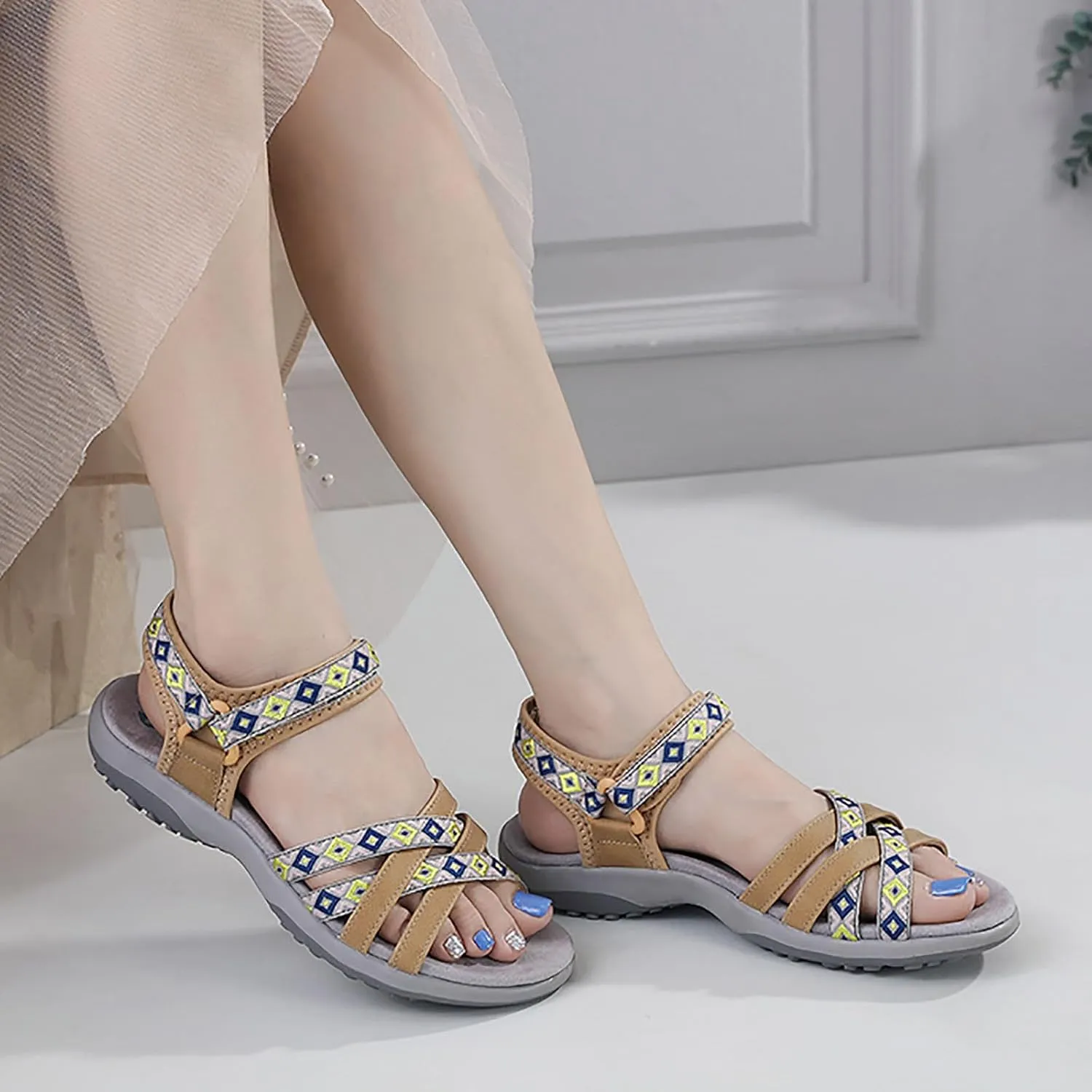 SuanlaTDS Womens Flat Sandals Comfortable Arch Support Wedge Low Heels Orthopedic Sandals Lightweight Summer Beach Boho Platform Adjustable Ankle Strap Wedges Outdoor Walking Shoes