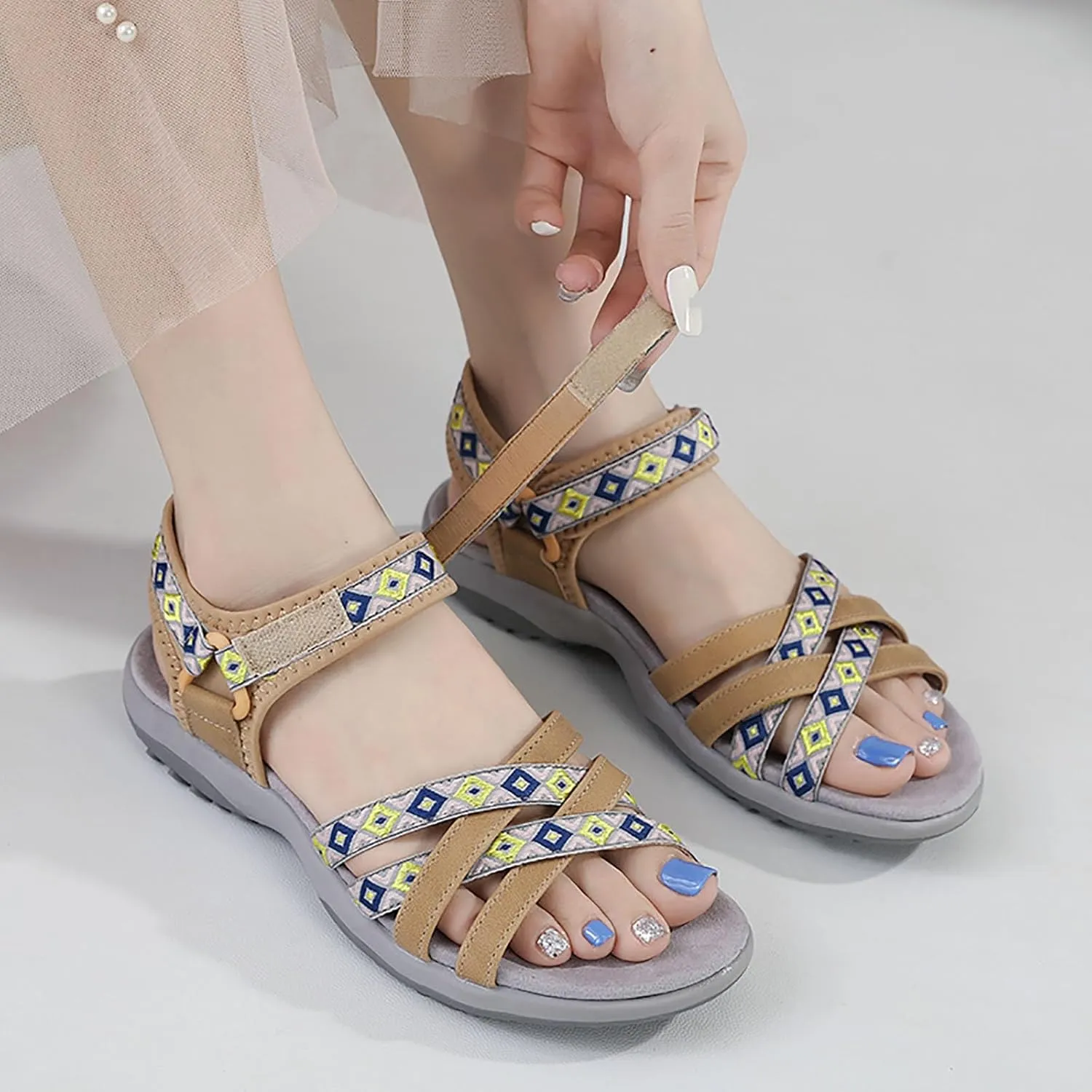 SuanlaTDS Womens Flat Sandals Comfortable Arch Support Wedge Low Heels Orthopedic Sandals Lightweight Summer Beach Boho Platform Adjustable Ankle Strap Wedges Outdoor Walking Shoes